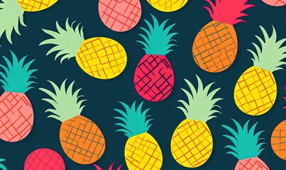  a bunch of pineapples on a dark background with a pattern in the middle of the image and the top of the pineapples on the bottom of the image.  generative ai