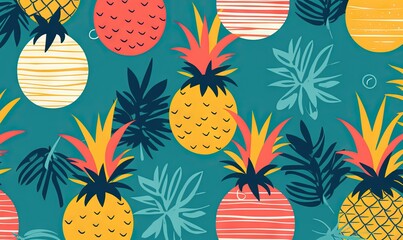  a pattern of pineapples and pineapples on a teal background with a yellow stripe in the middle of the image and a pineapple in the middle of the middle of the image.  generative ai