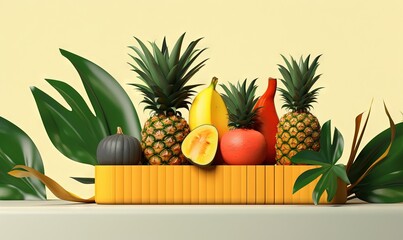  a bunch of fruit is sitting in a box on a table next to some leaves and a banana on the side of the box is a yellow background.  generative ai