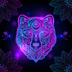 Bear Mandala space. Psychedelic pattern. Vector illustration. Zen Boho art. Decorative mystical, hippie, hallucination psilocybin 60s 70s