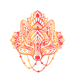 Fox mandala ornament. Vector illustration. Flower Ethnic drawing. Fox animal nature in Zen boho style. Coloring page red and white