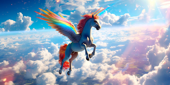 pegas flying through clouds, rainbow at the background, blue sky and sun