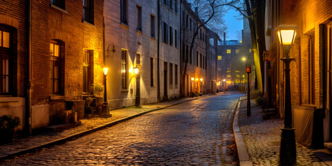 Fototapeta na wymiar cozy street corner adorned with flickering street lamps
