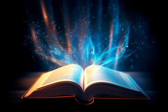 dreamy image of an open book with light emerging from it