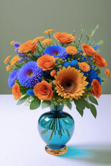 a blue vase filled with orange and blue flowers