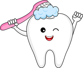 Cute cartoon tooth character with toothbrush. Dental care concept. Vector illustration.