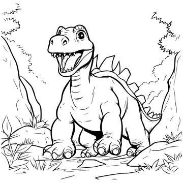 Dinosaur cartoon with black line for kids coloring book. Generative AI © Hhoary