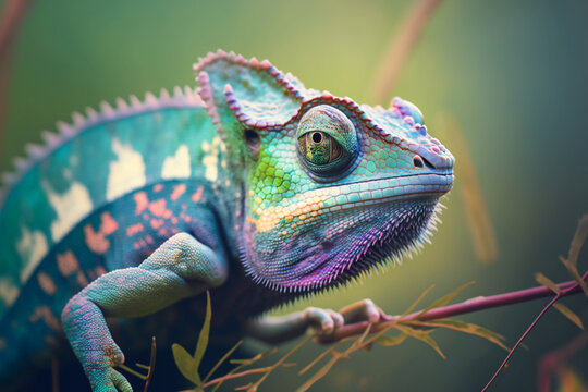 Mesmerizing sight of a chameleon lizard's face in a breathtaking close-up shot. Against the blurred backdrop of nature. Generative AI.