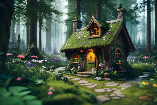 Elf and fairy house in the forest surrounded by trees 