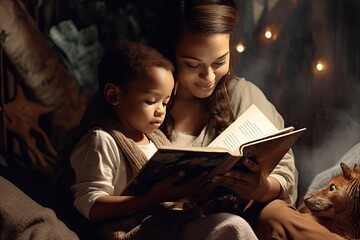 Mother and her daughter reading a book at home