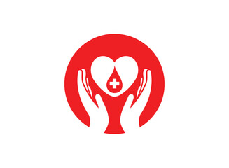 Red heart with blood droplet sign in hands ,Blood donation vector icon