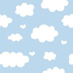Cute clouds pattern with hearts in doodle style. Summer pattern on blue background. Vector illustration in flat style. Pattern, ornament for clothes, notebooks, children's wallpaper, wrapping paper.