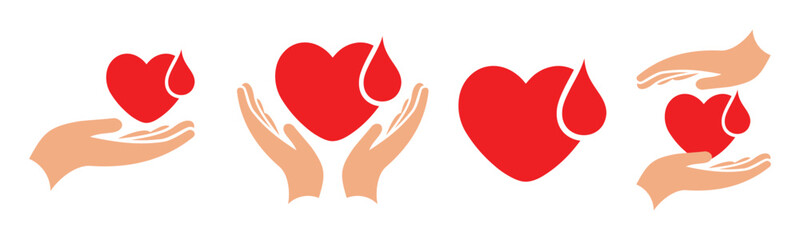 Hand holding heart with blood donation sign , Blood donation volunteering charity vector icon set , Blood donor with heart shap in hand icon set