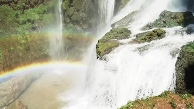 Video shooting a rainbow at a waterfall in Morocco, Africa, Ouzoud Falls