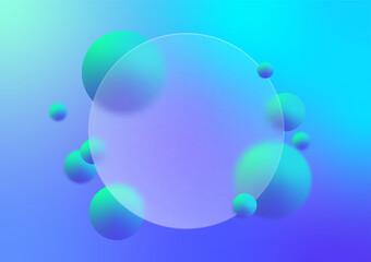 Glass morphism circle with floating green and blue spheres geometric shape on gradien color, modern abstract background