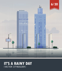 Vector set of Cityscape with building. Vector cartoon illustration of rainy landscape with buildings. Part six 6 - 614436526