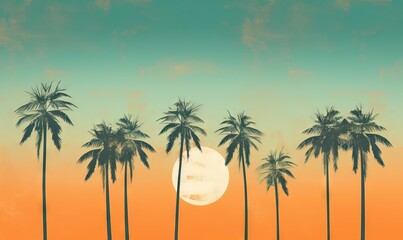Obraz na płótnie Canvas a painting of palm trees and a full moon in the sky with a sky background that is orange and blue and has a sky with a few clouds. generative ai