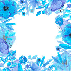 Fototapeta na wymiar Hand drawn watercolor blue flowers and leaves boarder frame. Isolated on white. Can be used for cards, banners, invitations, label.