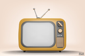 3D render yellow Vintage Television Cartoon style isolate on background. Minimal Retro TV. Yellow analog TV.  Old TV set with antenna. 3d vector illustration.