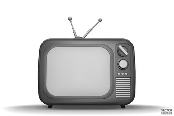 3D render black Vintage Television Cartoon style isolate on background. Minimal Retro TV. Black analog TV.  Old TV set with antenna. 3d vector illustration.