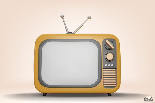 3D render yellow Vintage Television Cartoon style isolate on background. Minimal Retro TV. Yellow analog TV.  Old TV set with antenna. 3d vector illustration.