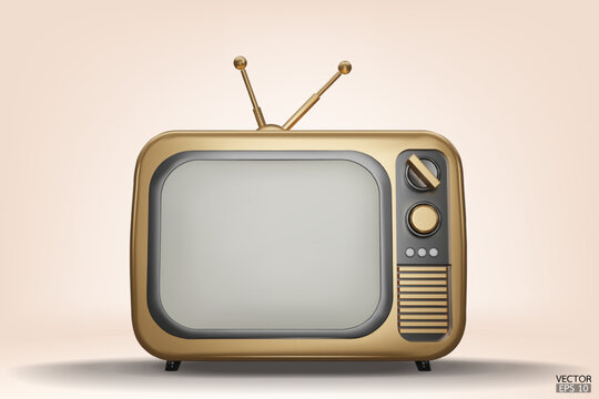 3D render gold Vintage Television Cartoon style isolate on background. Minimal Retro TV. Golden analog TV.  Old TV set with antenna. 3d vector illustration.