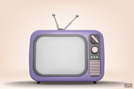3D render purple Vintage Television Cartoon style isolate on background. Minimal Retro TV. Purple analog TV.  Old TV set with antenna. 3d vector illustration.