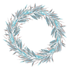 Hand drawn watercolor blue and copper leaves wreath. Isolated on white. Can be used for cards, banners, invitations, label.