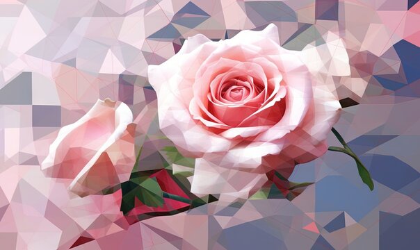  a pink rose is surrounded by pink and white geometric shapes on a blue background with a pink rose in the middle of the image, and a pink rose in the middle of the middle.  generative ai
