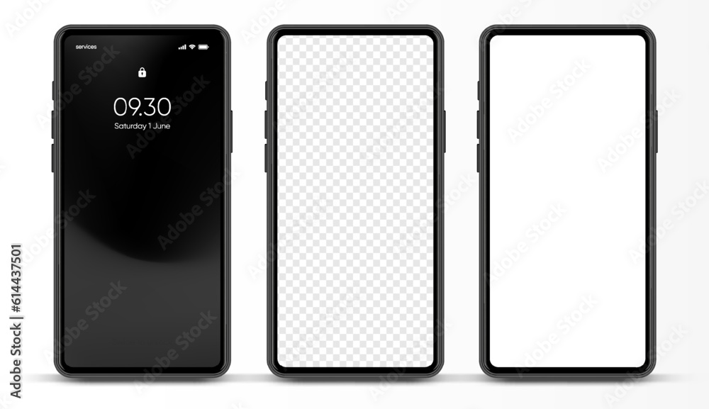 Poster 3D realistic high quality smartphone mockup with isolated background. Smart phone mockup collection. Device front view. 3D mobile phone with shadow on white background.