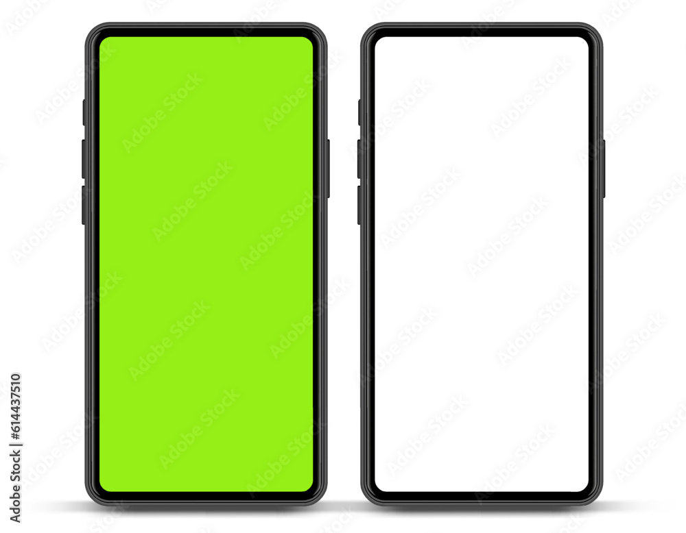Poster 3D realistic high quality smartphone mockup with isolated background. Smart phone mockup collection. Device front view. 3D mobile phone with shadow on white background.