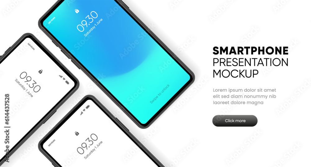 Poster 3D realistic high quality smartphone mockup with isolated background. Smart phone mockup collection. Device front view. 3D mobile phone with shadow on white background.
