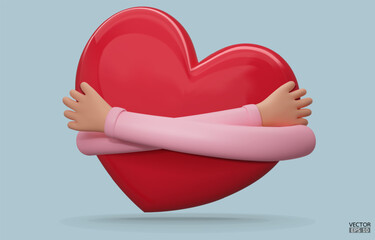 3D hands hugging a red heart with love. Cartoon Hand embracing heart with pink sleeve isolated on blue background. love yourself. Used for posters, postcards, t-shirt prints. 3D vector illustration.