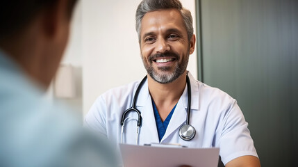 Smiling male doctor communicating with a patient in his medical office