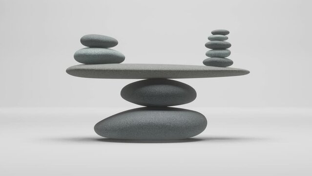 Perfectly balanced stones slightly tilting on white background, zen 4k 3D animation