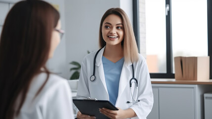 Smiling female doctor communicating with a patient in her medical office