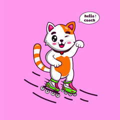 Cute cat on roller skates. animal nature concept isolated flat cartoon style.