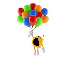 Measure tape character flying with balloons - 614438733