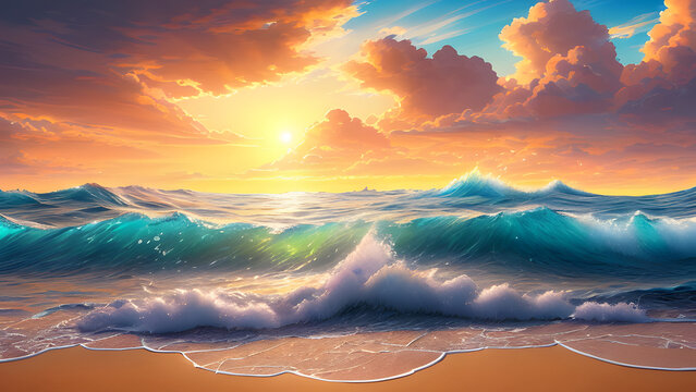Beautiful colorful sunset over the sea. Beautiful seascape with waves at sunset. Nature composition. Seascape. Holiday Vacation concept. Generative AI technology.