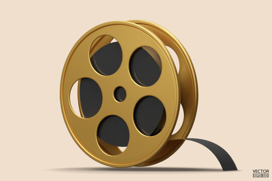 Black Color Movie Camera on Tripod with Film Reel Vector