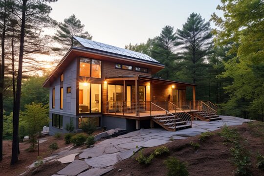 Eco-friendly home with solar panels and green features.