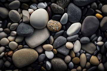 Fototapeta na wymiar Pebble beach background. Smooth round wet pebbles texture background. Pebble sea beach close-up. Generative AI