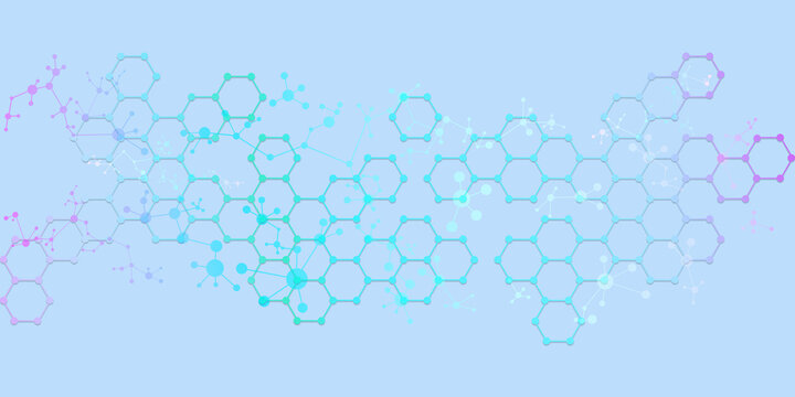 Abstract hexagonal molecular structures for design on the topic of scientific research in the field of chemistry, molecular biology and medicine.