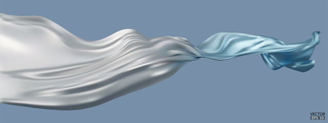 Obraz premium Flying gradient white to blue silk textile fabric flag isolated on blue background. Smooth elegant Colorful gradient Satin for grand opening ceremony. 3d vector illustration.