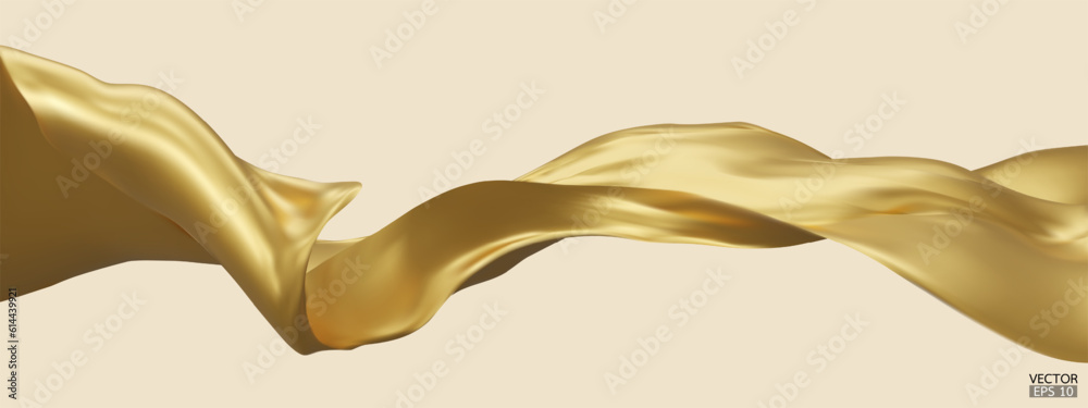 Poster flying gold silk textile fabric flag background. smooth elegant golden satin isolated on blue backgr