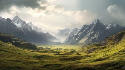 A large beautiful lawn. A majestic mountain range with snow-capped peaks. Meadow on the background of mountains. Generative AI.