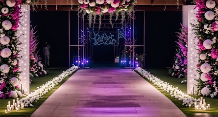 Photo of a beautifully decorated wedding venue with an abundance of flowers and candles