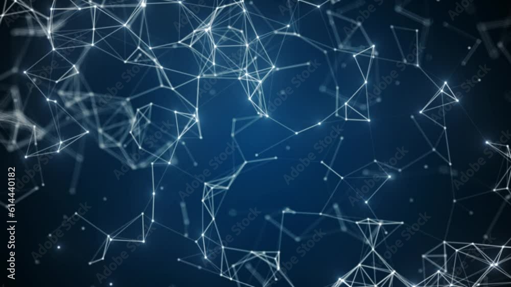 Fototapete Abstract connected dots and lines on blue background. Communication and technology network concept with moving lines and dots. cybersecurity wireframe connection background. 3d animation loop