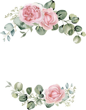 Watercolor floral illustration. Pink flowers and eucalyptus greenery bouquet.  Dusty roses, soft light blush peony - border, wreath, frame. Perfect wedding stationary, greetings,  fashion, background