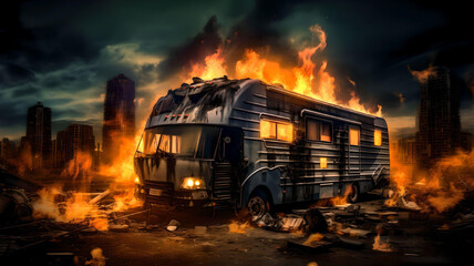 burning camper van in a post apocalyptic city - generative ai